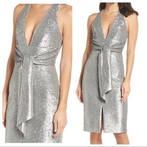 HARLYN Plunge Halter Neck Sequin Midi Silver Dress